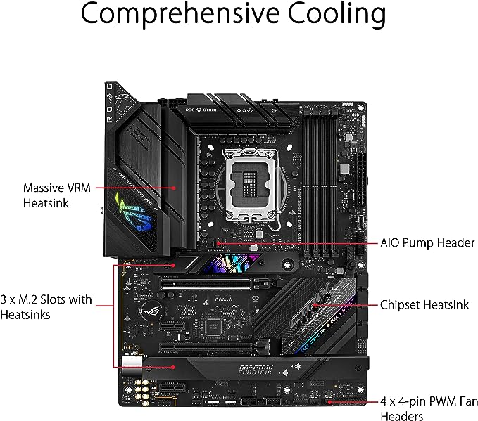 ASUS ROG Strix B760-F Gaming WiFi Intel® B760(13th and 12th Gen) LGA 1700 ATX Motherboard,16 + 1 Power Stages,DDR5 up to 7800 MT/s,PCIe 5.0,3xM.2 Slots,WiFi 6E,USB 3.2 Gen 2x2 Type-C®,Aura Sync RGB ASUS ROG Strix B760-F Gaming WiFi Intel® B760(13th and 12th Gen) LGA 1700 ATX Motherboard,16 + 1 Power Stages,DDR5 up to 7800 MT/s,PCIe 5.0,3xM.2 Slots,WiFi 6E,USB 3.2 Gen 2x2 Type-C®,Aura Sync RGB